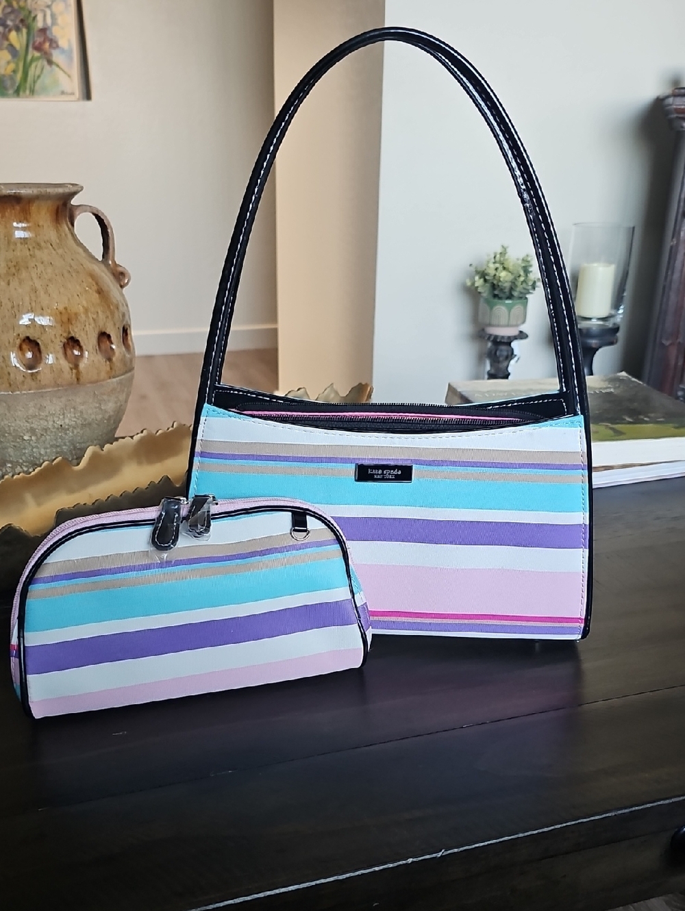 kate spade striped pastel shoulder bag in pink & blue
